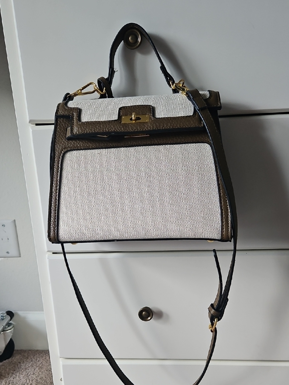 Canvas and Brown Leather Structured Top-Handle Bag. Bought At VICI